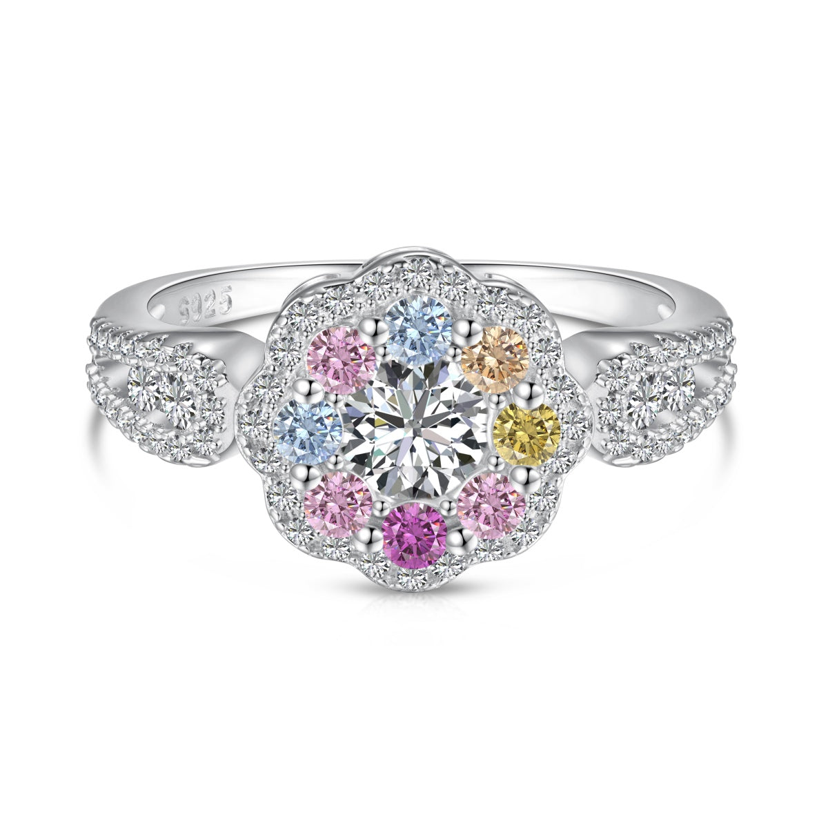 [Elitejewels] Zarter, farbenfroher Ehering in Blumenform mit rundem Schliff