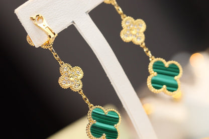 [Elitejewels]CLOVER EARRINGS GOLD MALACHITE DIAMOND 3 MOTIF