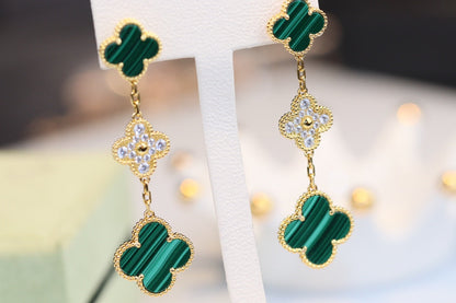 [Elitejewels]CLOVER EARRINGS GOLD MALACHITE DIAMOND 3 MOTIF