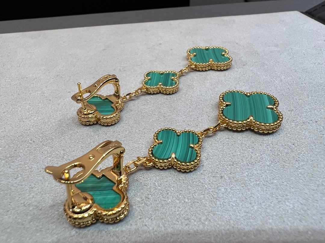 [Elitejewels]CLOVER MALACHITE 3 MOTIFS GOLD