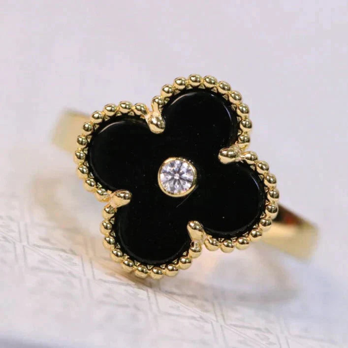 [Elitejewels]CLOVER ONYX RING GOLD DIAMOND