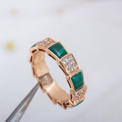 [Elitejewels]SERPENTI RING PINK GOLD MALACHITE DIAMOND PAVED 4MM