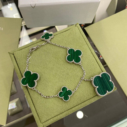 [Elitejewels]CLOVER 5 MOTIFS SIVLER MALACHITE BRACELET