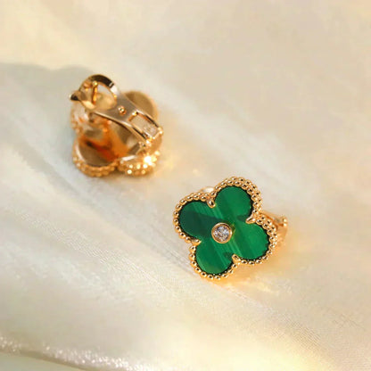 [Elitejewels]CLOVER MEDIUM 1 MOTIFS MALACHITE DIAMOND EARRINGS