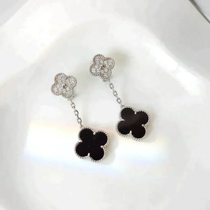 [Elitejewels]CLOVER 2 MOTIFS  DIAMOND ONYX EARRINGS SILVER