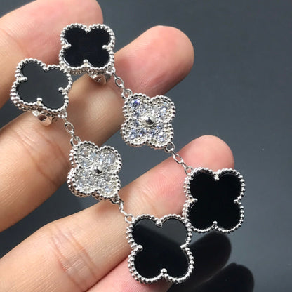 [Elitejewels]CLOVER 3 MOTIF DIAMOND ONYX SILVER EARRINGS