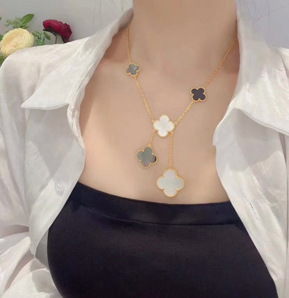 [Elitejewels]CLOVER 6 MOTIF MOP ONYX GOLD NECKLACE