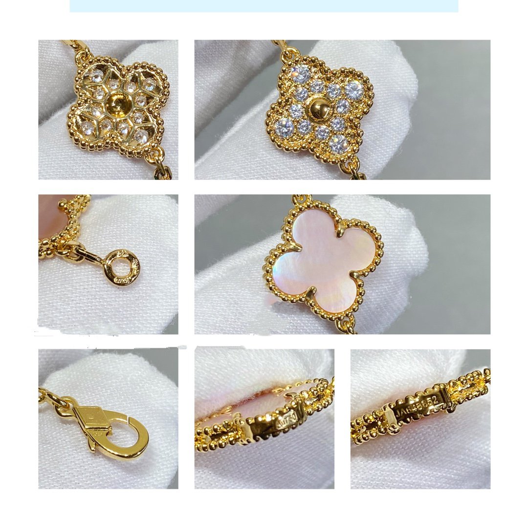 [Elitejewels]クローバー 5モチーフ ダイヤモンド ピンクモップ ピンクゴールド ブレスレット