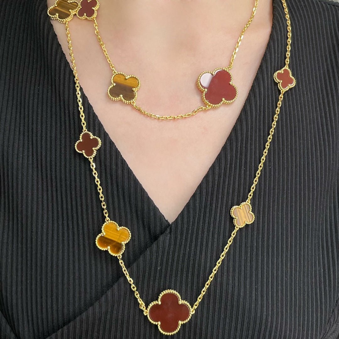 [Elitejewels]CLOVER 16 MOTIF CARNELIAN TIGER EYE ROSE GOLD NECKLACE