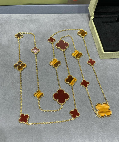 [Elitejewels]CLOVER 16 MOTIF CARNELIAN TIGER EYE ROSE GOLD NECKLACE