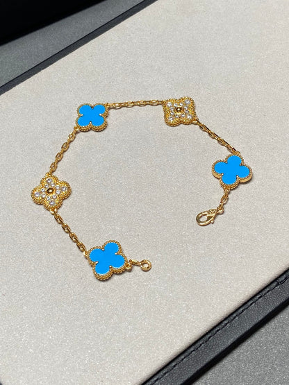 [Elitejewels]CLOVER 5 MOTIF BLUE CHALCEDONY DIAMOND GOLD BRACELET