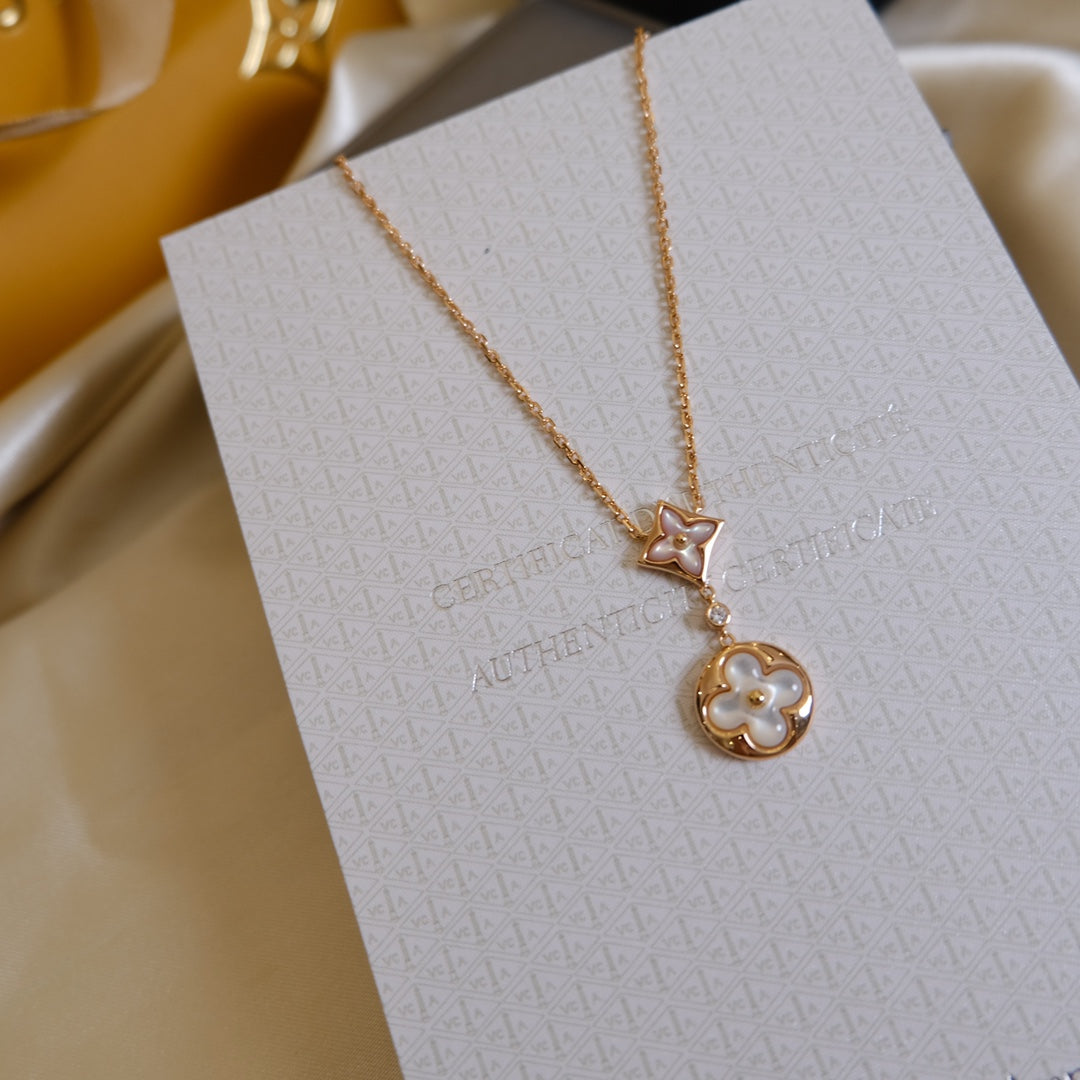 [Elitejewels]STAR AND SUN WHITE MOP 2 MOTIF PINK GOLD NECKLACE