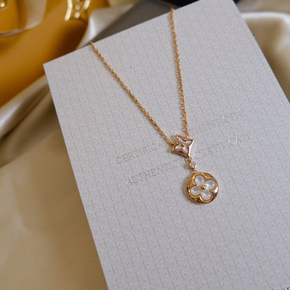 [Elitejewels]STAR AND SUN WHITE MOP 2 MOTIF PINK GOLD NECKLACE