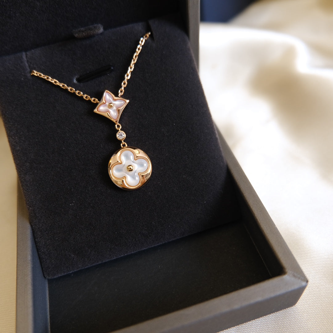 [Elitejewels]STAR AND SUN WHITE MOP 2 MOTIF PINK GOLD NECKLACE