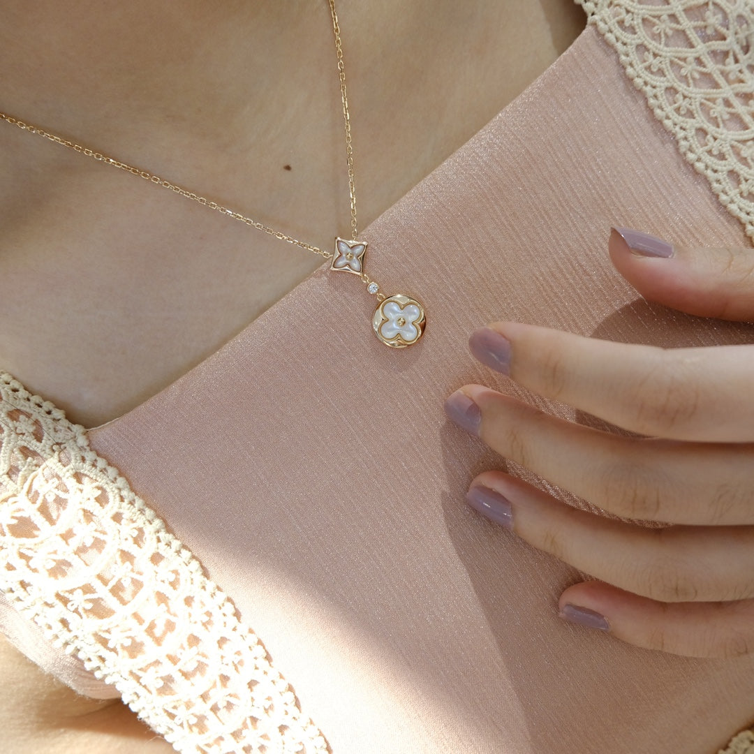 [Elitejewels]STAR AND SUN WHITE MOP 2 MOTIF PINK GOLD NECKLACE