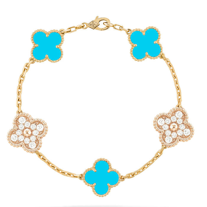 [Elitejewels]CLOVER 5 MOTIF TURQUOISE DIAMOND GOLD BRACELET