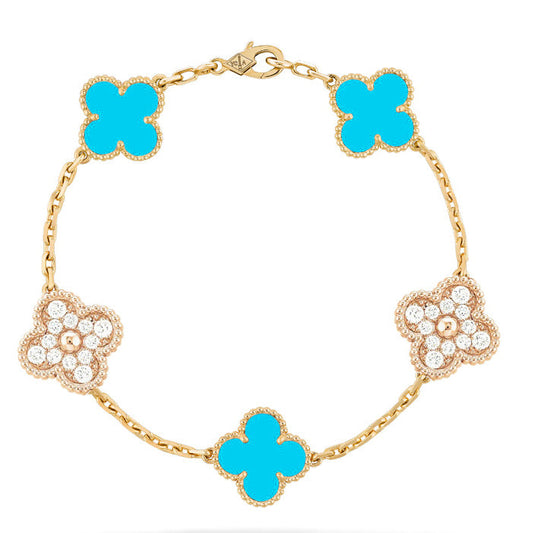 [Elitejewels]CLOVER 5 MOTIF TURQUOISE DIAMOND GOLD BRACELET