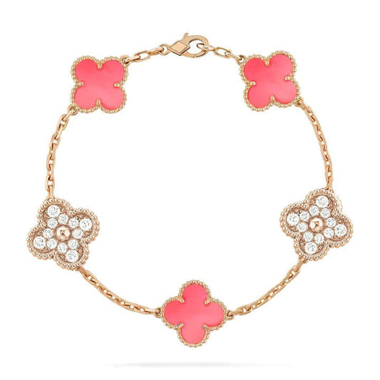 [Elitejewels] Armband aus rosa Kleeblatt-5-Motiv mit Diamanten und Perlmutt