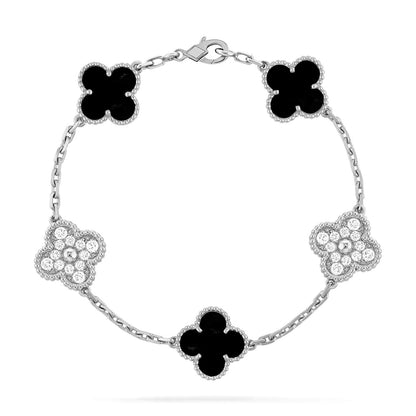 [Elitejewels]CLOVER 5 MOTIV ONYXS DIAMOND ARMBAND SILBER 