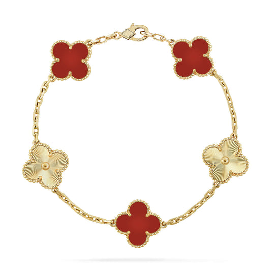 [Elitejewels]CLOVER  5 MOTIFS CARNELIAN GOLD BRACELET