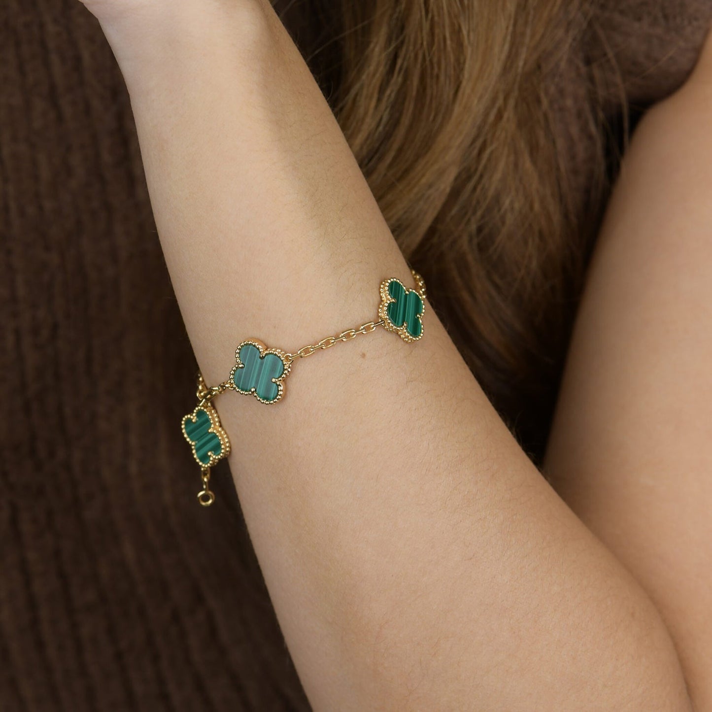 [Elitejewels]CLOVER 5 MOTIFS MALACHITE BRACELET