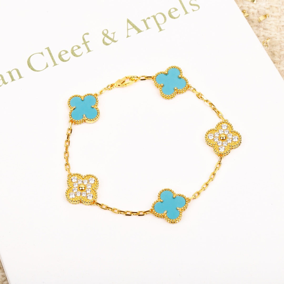 [Elitejewels]CLOVER 5 MOTIF TURQUOISE DIAMOND GOLD BRACELET