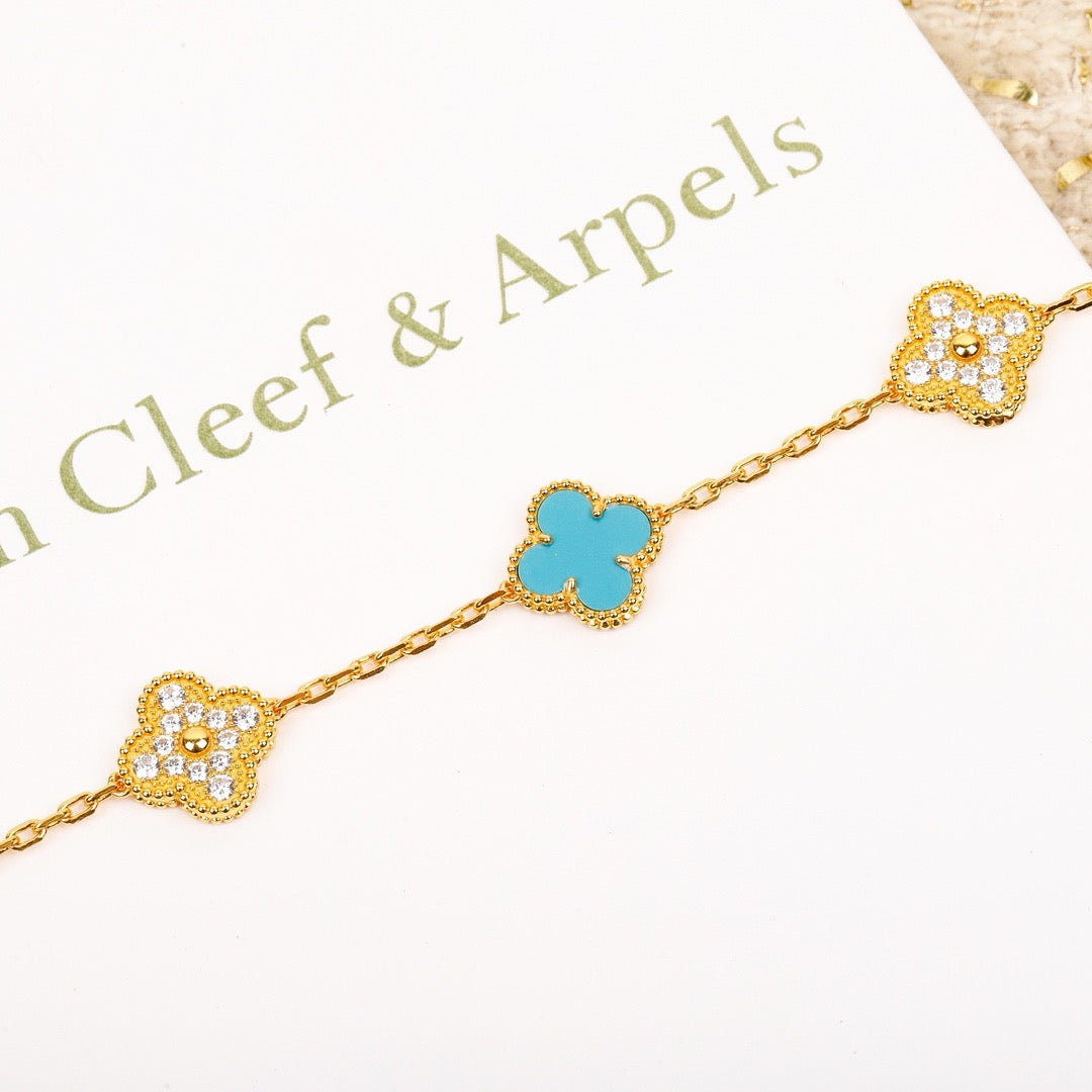 [Elitejewels]CLOVER 5 MOTIF TURQUOISE DIAMOND GOLD BRACELET