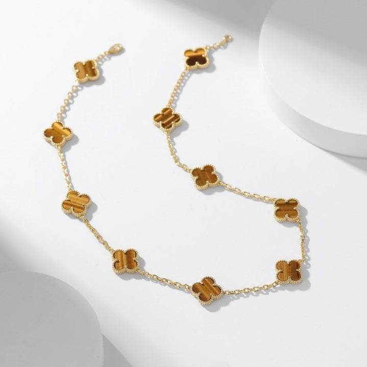 [Elitejewels]CLOVER 10 MOTIFS TIGER EYE NECKLACE