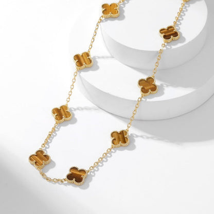 [Elitejewels]CLOVER 10 MOTIFS TIGER EYE NECKLACE