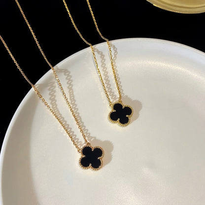 [Elitejewels]CLOVER 15MM BLACK ONYX SINGLE FLOWER NECKLACE