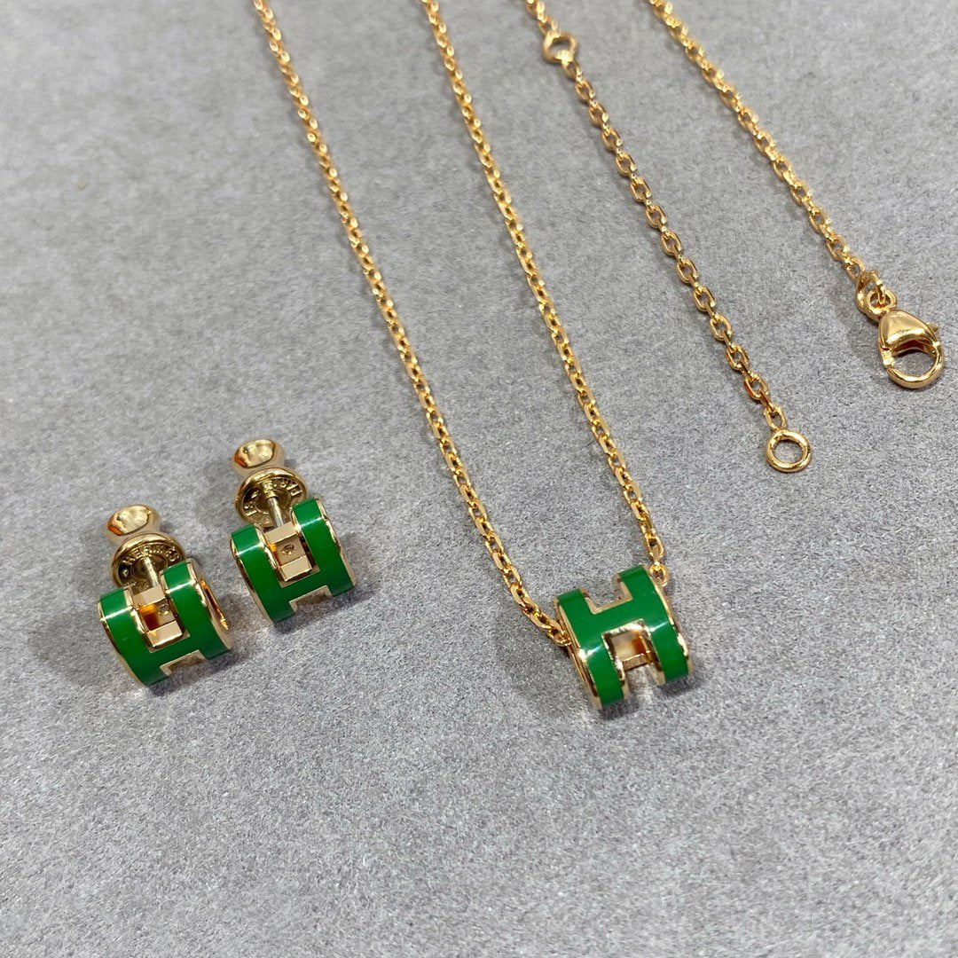 [Elitejewels]POP H グリーンネックレス シルバー&amp;ゴールド