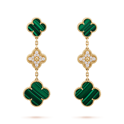 [Elitejewels]CLOVER EARRINGS GOLD MALACHITE DIAMOND 3 MOTIF