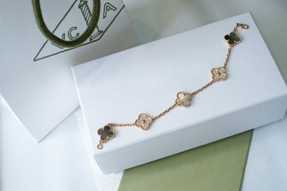 [Elitejewels]CLOVER 5 MOTIFS DARK MOP AND DIAMONDS PINK GOLD BRACELET