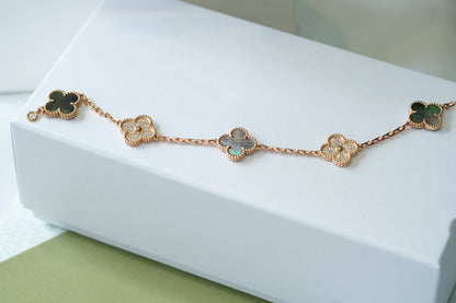 [Elitejewels]CLOVER 5 MOTIFS DARK MOP AND DIAMONDS PINK GOLD BRACELET