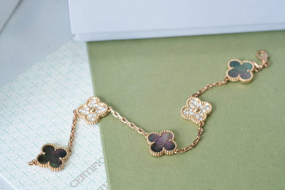 [Elitejewels]CLOVER 5 MOTIFS DARK MOP AND DIAMONDS PINK GOLD BRACELET